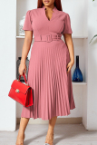 Orange V Neck Short Sleeve With Belt Long Casual Formal Office Lady Pleated Maxi Dresses