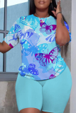 Khaki Butterfly Print O Neck Short Sleeve Oversize T Shirt And Shorts Set Sportwear Plus Size Two Piece Matching Set