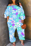 Light Purple Floral Boho Print Off Shoulder Long Sleeve Vacation Casual Harem Leg Jumpsuits