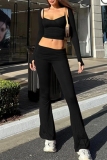Red Long Sleeve Crop Tops And Cami Crop Tops And Flare Leg Pants Casual Three Piece Set Trouser Sets