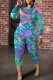 Green Graphics Print O Neck Long Sleeve Blouse And Skinny Pants Casual Two Pieces Trouser Sets