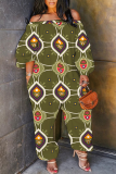 Blue Orange Graphics Boho Print Off Shoulder Long Sleeve Vacation Casual Harem Leg Jumpsuits