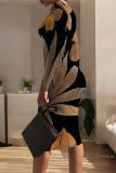 Black Orange Geometric Print O Neck Long Sleeve Casual Outing Bodycon Pencil Midi Dress