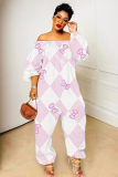 Light Red Graphics  Print Off Shoulder Long Sleeve Casual Vacation Harem Leg Jumpsuits