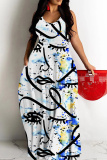 White Green Graphics Print Backless Sleeveless Spaghetti Strap Floor Length Vacation Baggy Sundress Slip Maxi Dress