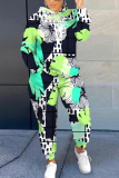 Green Graphics Print Long Sleeve Hooded Sweatshirt and Skinny Pant Casual Sportwear Plus Size Two Piece Jogger Set