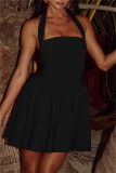 Black Backless Sleeveless Formal Evening Party Prom Halter Pleated Mini Dresses