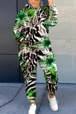 Blue Graphics Print Long Sleeve Hooded Sweatshirt and Skinny Pant Casual Sportwear Plus Size Two Piece Jogger Set