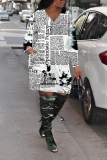 White Blue Newspaper Print V Neck Long Sleeve Pockets Loose Casual Mini Dresses