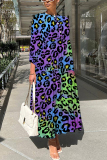 Purple Leopard Print O Neck 3/4 Sleeve Long Loose Vacation Casual Pleated Maxi Dresses