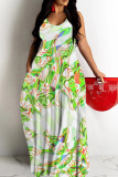 White Green Graphics Print Backless Sleeveless Spaghetti Strap Floor Length Vacation Baggy Sundress Slip Maxi Dress
