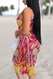 Yellow Green Flowers Geometric Print Sleeveless U Neck Bodycon Vest Midi Dress