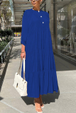 Blue Graphics Print O Neck 3/4 Sleeve Long Loose Vacation Casual Pleated Maxi Dresses