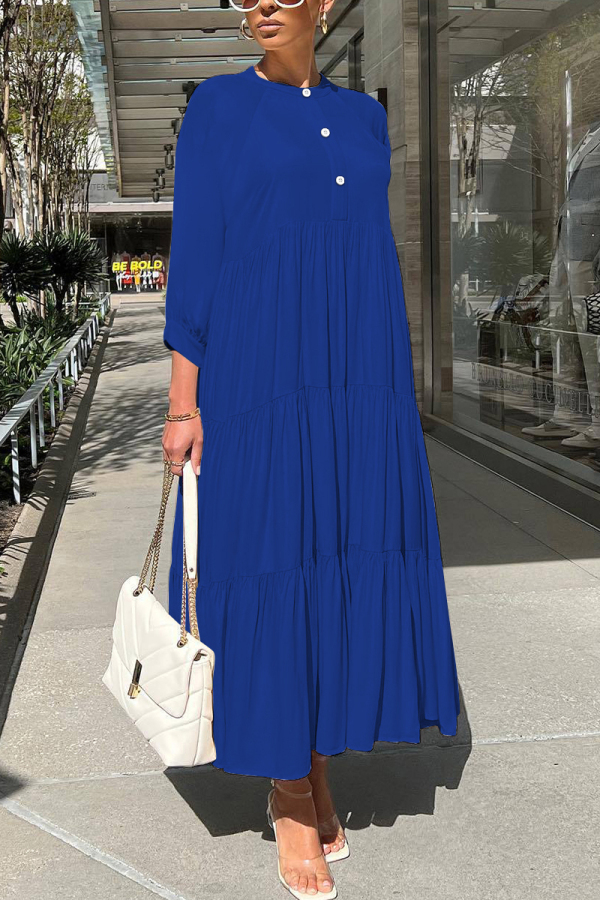 Blue Graphics Print O Neck 3/4 Sleeve Long Loose Vacation Casual Pleated Maxi Dresses