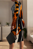 Black Orange Geometric Print O Neck Long Sleeve Casual Outing Bodycon Pencil Midi Dress