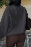 Dark Gray Leopard Print Zipper O Neck Long Sleeve Casual Fall Winter Sweatshirt Tops