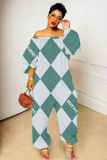Light Red Graphics  Print Off Shoulder Long Sleeve Casual Vacation Harem Leg Jumpsuits