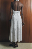 White Backless Sleeveless Draw String Embroidered Vacation Halter Pleated Maxi Dresses