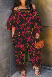 Fruit Green Graphics Boho Print Off Shoulder Long Sleeve Vacation Casual Harem Leg Jumpsuits