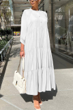 Blue Graphics Print O Neck 3/4 Sleeve Long Loose Vacation Casual Pleated Maxi Dresses