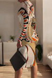 Black Orange Geometric Print O Neck Long Sleeve Casual Outing Bodycon Pencil Midi Dress