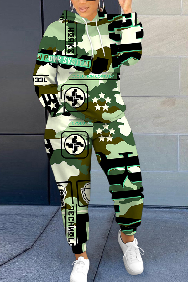 Green Graphics Print Long Sleeve Hooded Sweatshirt and Skinny Pant Casual Sportwear Plus Size Two Piece Jogger Set