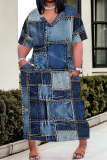 Blue Red Faux Denim Print V Neck Long Sleeve Straight Casual Outing Loose Plus Size Maxi Dress