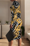 Black Orange Geometric Print O Neck Long Sleeve Casual Outing Bodycon Pencil Midi Dress