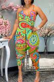 Multicolor Floral Print Backless Spaghetti Strap Vacation Loose Casual Harem Cami Jumpsuits