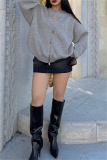 Dark Gray Leopard Print Zipper O Neck Long Sleeve Casual Fall Winter Sweatshirt Tops