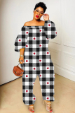 White Red Love Print Off Shoulder Long Sleeve Casual Vacation Harem Leg Jumpsuits