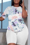 Apricot Graphics Print O Neck Short Sleeve Oversize T Shirt And Shorts Set Sportwear Plus Size Two Piece Matching Set