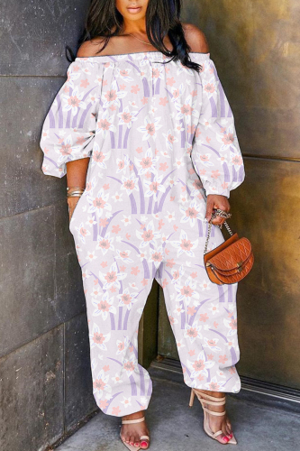 Light Purple Floral Boho Print Off Shoulder Long Sleeve Vacation Casual Harem Leg Jumpsuits