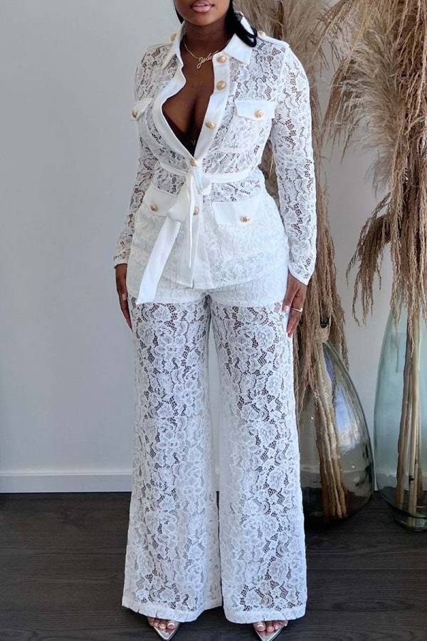White Turndown Collar Long Sleeve Strap Design Lace Blouse And Wide Leg Pants Vacation Casual Two Pieces Trouser Sets