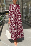 Purple Leopard Print O Neck 3/4 Sleeve Long Loose Vacation Casual Pleated Maxi Dresses