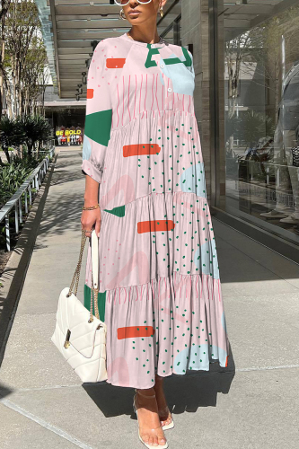 Pink Graphics Print O Neck 3/4 Sleeve Long Loose Vacation Casual Pleated Maxi Dresses