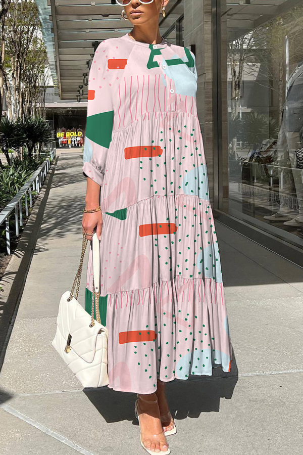 Pink Graphics Print O Neck 3/4 Sleeve Long Loose Vacation Casual Pleated Maxi Dresses