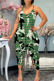 Multicolor Floral Print Backless Spaghetti Strap Vacation Loose Casual Harem Cami Jumpsuits