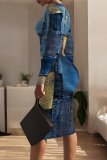 Dark Blue Faux Denim Print O Neck Long Sleeve Casual Outing Bodycon Pencil Midi Dress