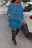Navy Blue Graphics Print V Neck Long Sleeve Pockets Loose Casual Mini Dresses