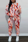 White Graphcis Print Zipper Hooded Long Sleeve Sweatshirt And Pants Two Pieces Jogger Sets