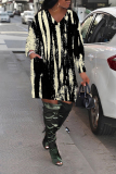 Yellow Graphics Print V Neck Long Sleeve Pockets Loose Casual Mini Dresses
