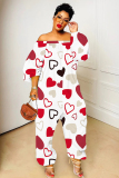 White Red Love Print Off Shoulder Long Sleeve Casual Vacation Harem Leg Jumpsuits