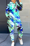 Green Graphics Print Long Sleeve Hooded Sweatshirt and Skinny Pant Casual Sportwear Plus Size Two Piece Jogger Set