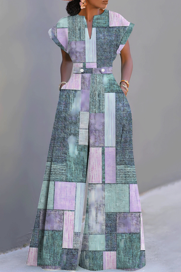 Light Purple Vacation Casual Colorblock Abstract Print V Neck Short Sleeve Wide Leg Jumpsuits