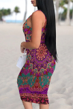 Purple Flowers National Totem Sleeveless U Neck Bodycon Vest Midi Dress