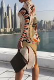 Black Orange Geometric Print O Neck Long Sleeve Casual Outing Bodycon Pencil Midi Dress