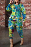 Pastel Green Floral Print O Neck Long Sleeve Blouse And Skinny Pants Casual Two Pieces Trouser Sets