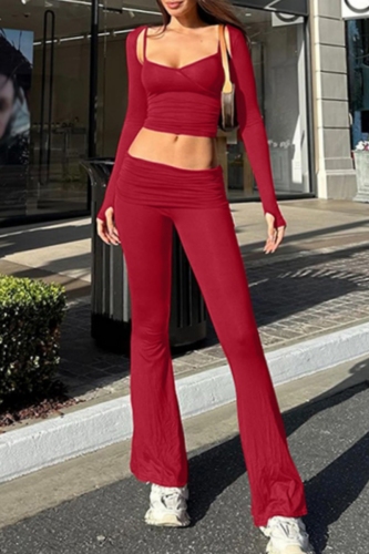 Red Long Sleeve Crop Tops And Cami Crop Tops And Flare Leg Pants Casual Three Piece Set Trouser Sets