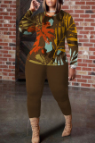Navy Blue Leaf Print O Neck Long Sleeve Blouse And Skinny Pants Casual Two Pieces Trouser Sets